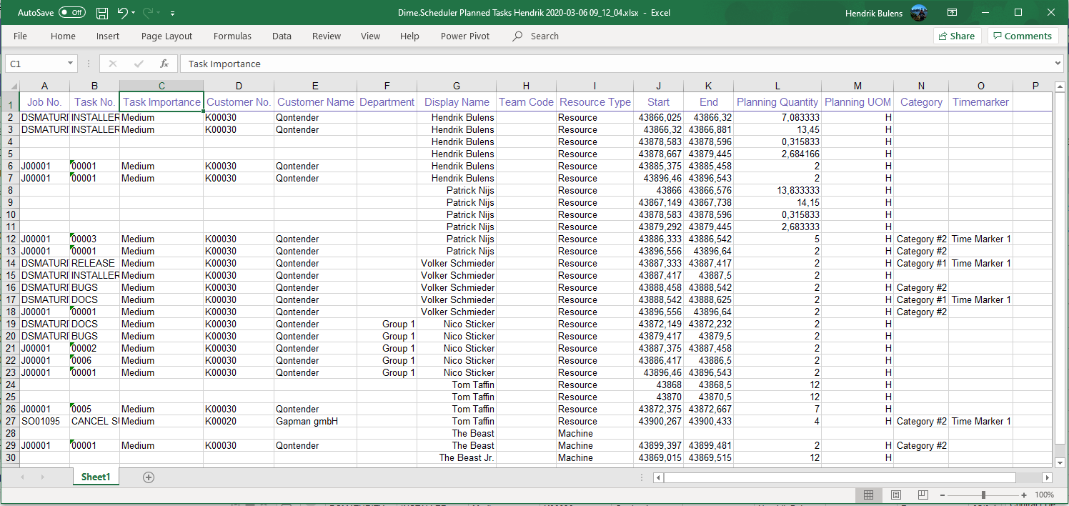 Excel export