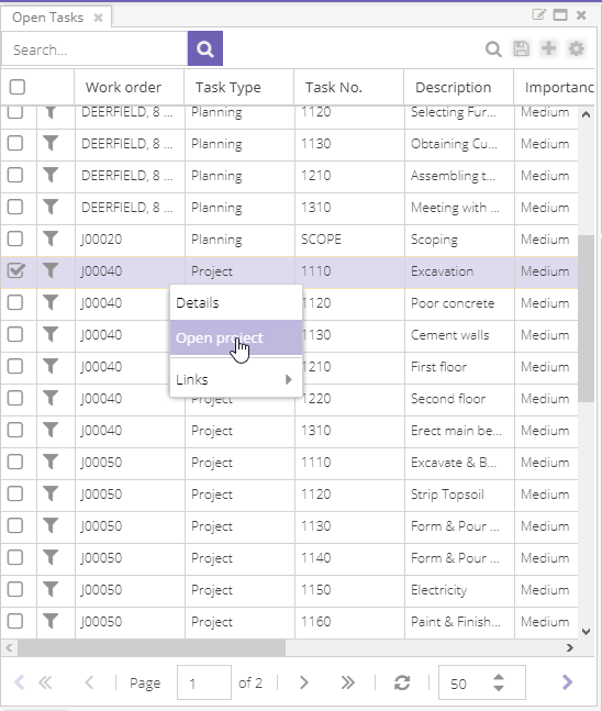 Open project via open tasks