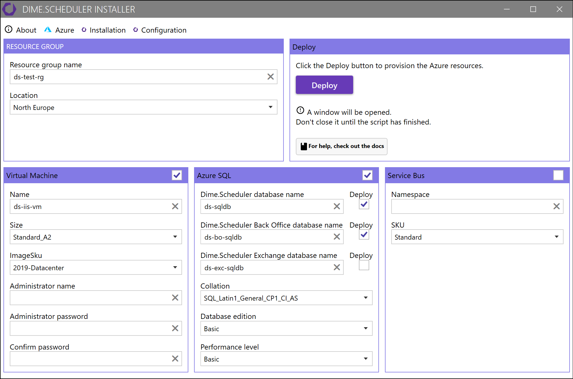 Installer Azure tab